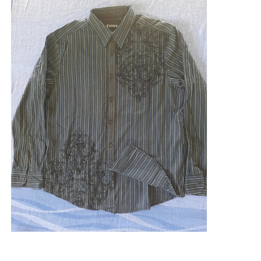 Cultura Mens XL Black Blue Pinstripe Embroidered Scroll Long Sleeve Button Shirt